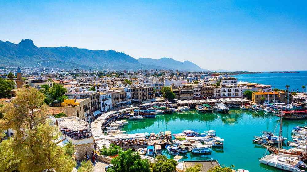 View of a port in Kyrenia/Girne during a sunny summer day, Cyprus